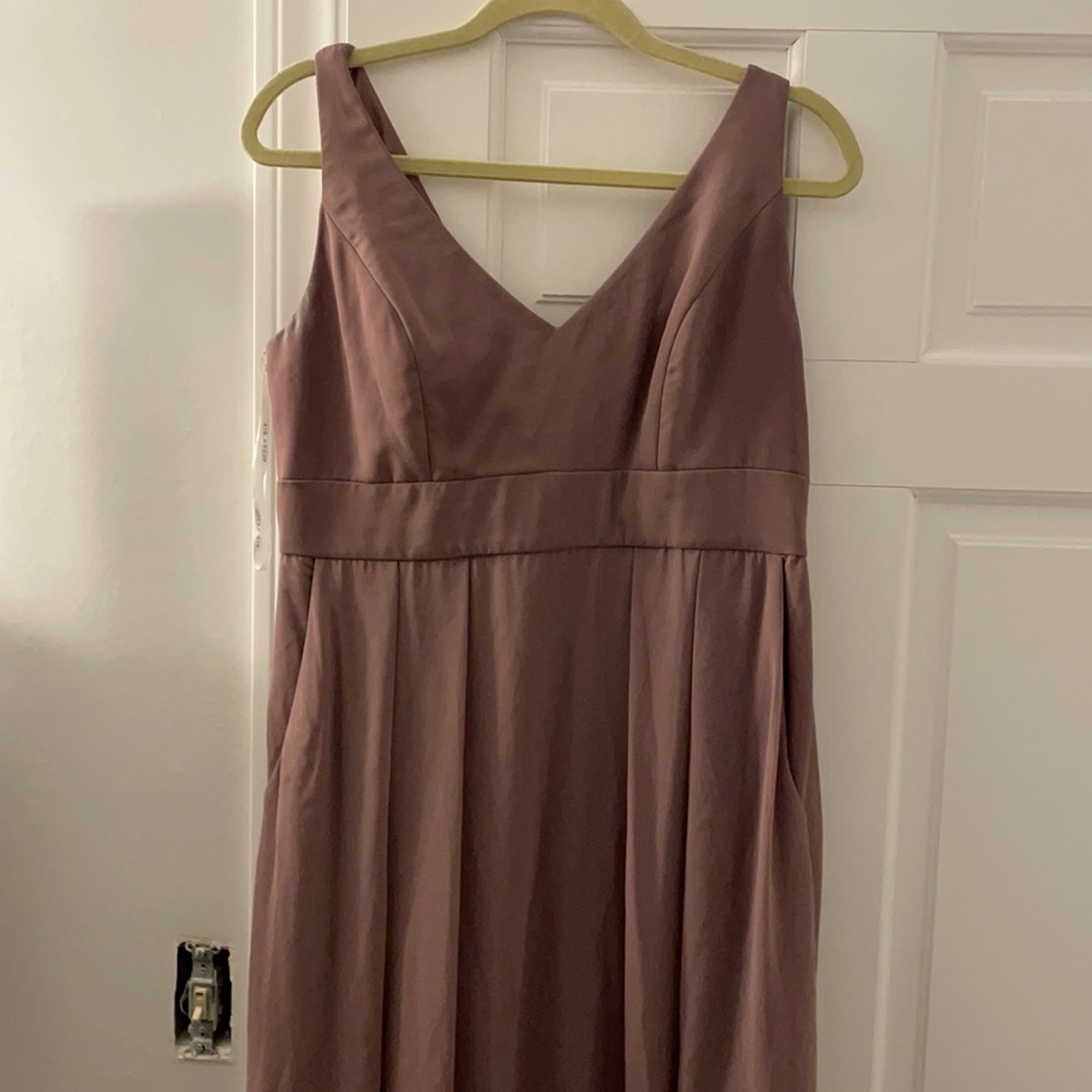 Floor length V neck (front and back) bridesmaid dress, no slit.